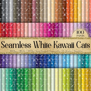 100 Seamless White Kawaii Cat Digital Papers Kommerzielle Nutzung Internationaler Katzentag Doodle Kätzchen Haustier Tiere Comic glücklich sitzend Posen Lächeln