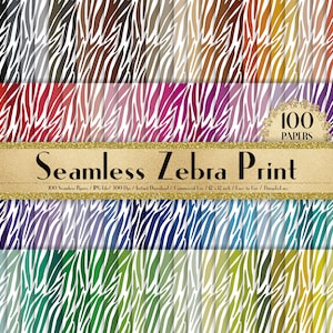 Op de afbeelding: Een verzameling naadloze zebraprintpatronen in diverse kleuren, waaronder bruin, rood, paars, blauw en groen. De afbeelding bevat de tekst "Seamless Zebra Print" en "100 Papers". Elk papier is 30,48 x 30,48 cm.