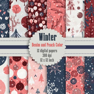 12 Winter Pattern Digital Papers in Denim and Peach Color in 12 inch, Instant Download, High Resolution 300 Dpi, Commercial Use