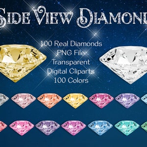 May include: 100 Real Diamonds PNG File Transparent Digital Cliparts 100 Colors. A collection of 100 side view diamond clipart images in various colors, including gold, silver, pink, purple, blue, and green.