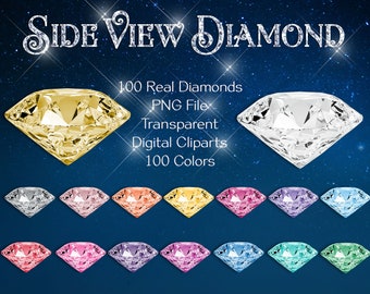 May include: 100 Real Diamonds PNG File Transparent Digital Cliparts 100 Colors. A collection of 100 side view diamond clipart images in various colors, including gold, silver, pink, purple, blue, and green.