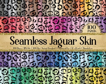 May include: A set of 100 digital papers featuring a seamless jaguar skin pattern in various colors. The papers are 12 inches by 12 inches and 300 DPI.  "100 Papers" and "Seamless Jaguar Skin" are written in the image.