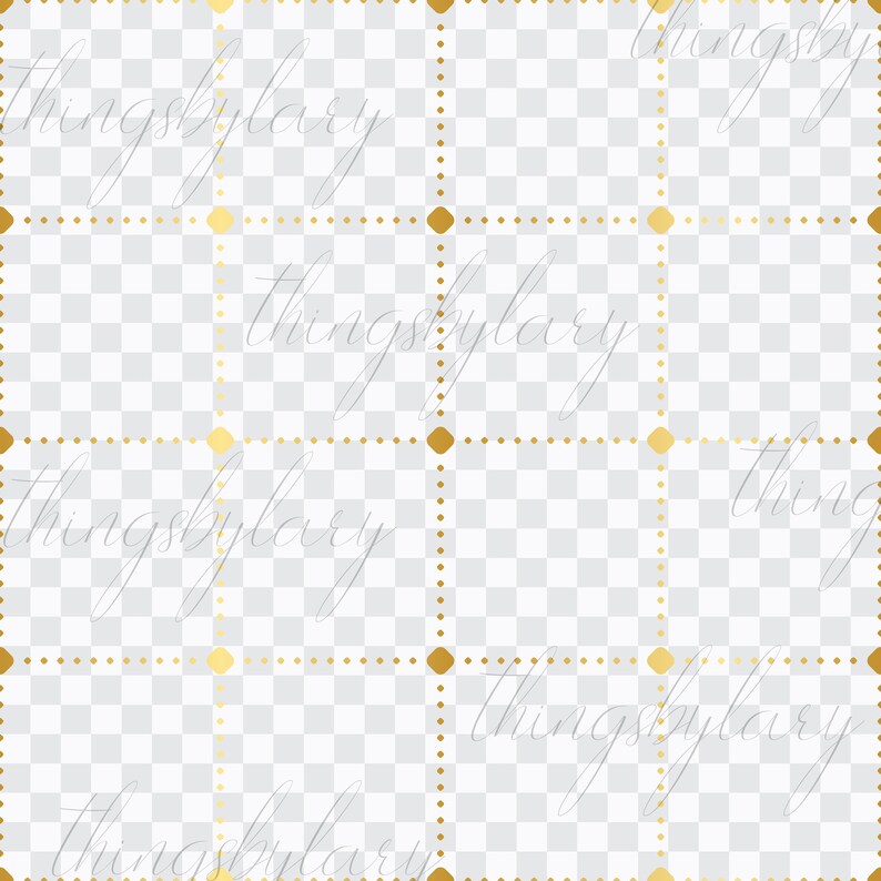 Puede incluir: Un patr&oacute;n sin costuras con un fondo blanco y una cuadr&iacute;cula de puntos dorados y amarillos. El texto "thingsbylarry" se repite en todo el patr&oacute;n.