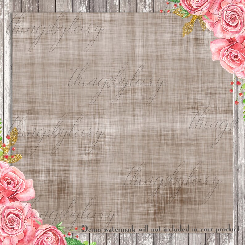 May include: A digital paper background with a rustic woodgrain texture and a floral border of pink roses and green leaves. The background is a light brown color with a subtle linen texture.