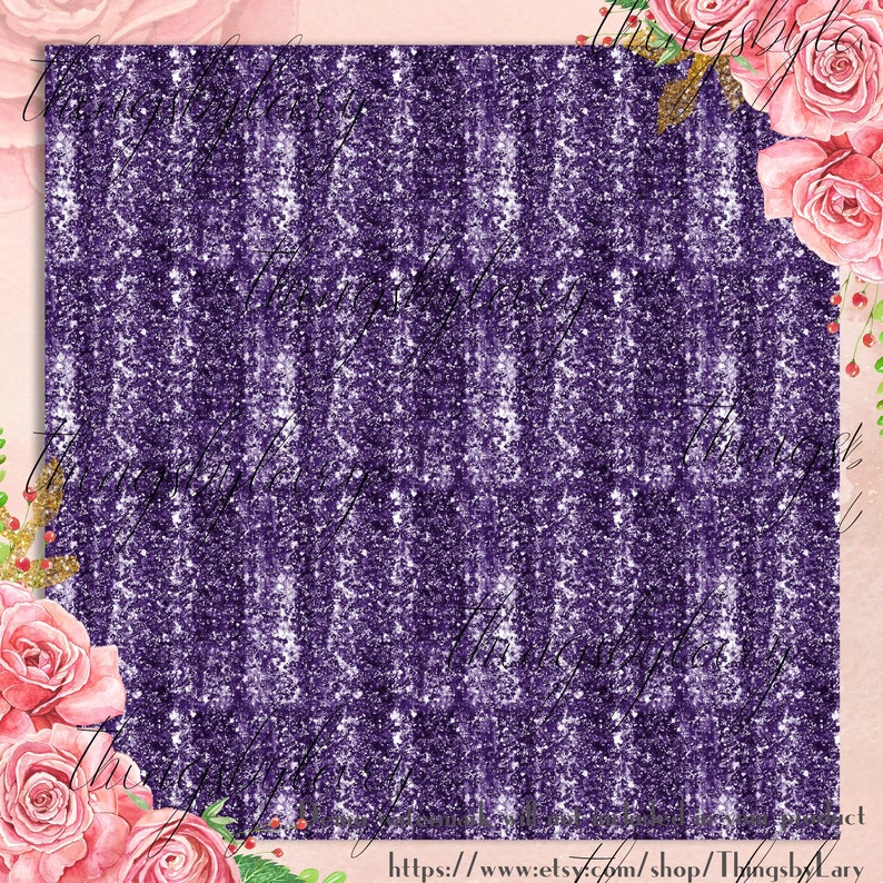May include: A digital paper design with a textured, glittery pattern in shades of purple and white. The background is a soft pink with watercolour roses and greenery in the corners. The Etsy shop URL is visible.