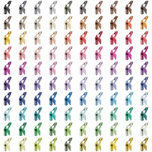 May include: A grid of 64 high-heeled shoes in various colors, including pink, blue, green, and yellow. The shoes are all the same style, with a pointed toe and a high heel.