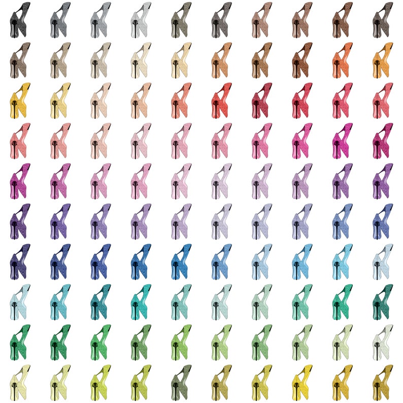 May include: A grid of 64 high-heeled shoes in various colors, including pink, blue, green, and yellow. The shoes are all the same style, with a pointed toe and a high heel.