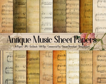 16 Antique Music Sheet Papers 12 inch Instant Download Commercial Use 300 Dpi, Vintage Music Paper Worn Music Sheet Papers Old Papers Retro