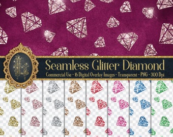 May include: A set of 16 digital overlay images featuring seamless glitter diamond patterns in various colors, including pink, gold, silver, red, blue, and green. The images are transparent PNG files at 300 DPI, suitable for commercial use.