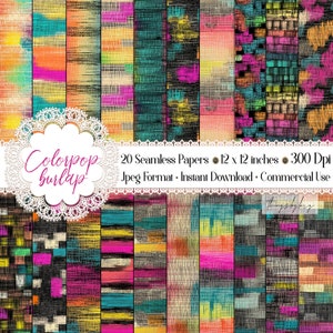 20 Seamless Colorful Burlaps Digital Papers Commercial Use Paint Colorpop Brush Stroke Burlap Jute Fabric tie dye multicolor Modern batik