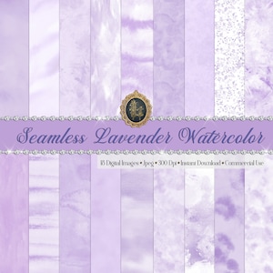 May include: A set of 18 seamless digital paper patterns featuring lavender watercolor designs. The papers are 300 DPI and perfect for crafting, scrapbooking, and digital design projects.