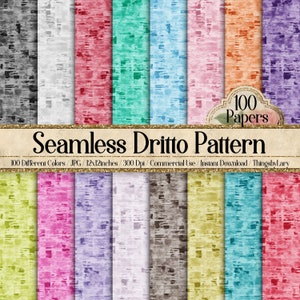 Puede incluir: Un conjunto de 100 patrones de papel digital con un diseño dritto sin costuras en varios colores. Cada patrón mide 12x12 pulgadas y 300 dpi. El texto "100 Papers" y "Seamless Dritto Pattern" está incluido en la imagen.