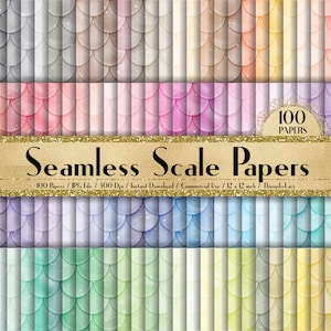 Puede incluir: Un conjunto de 100 papeles digitales sin costuras de escamas en varios colores. Los papeles presentan un patrón de escamas de sirena con un sutil efecto de brillo. Cada papel mide 30,5 cm por 30,5 cm y 300 dpi.