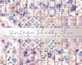 28 Seamless Vintage Romantic Purple Shabby Chic Digital Papers Commercial Use Roses Collage Sheets Purple Vintage Distressed Grunge Romantic