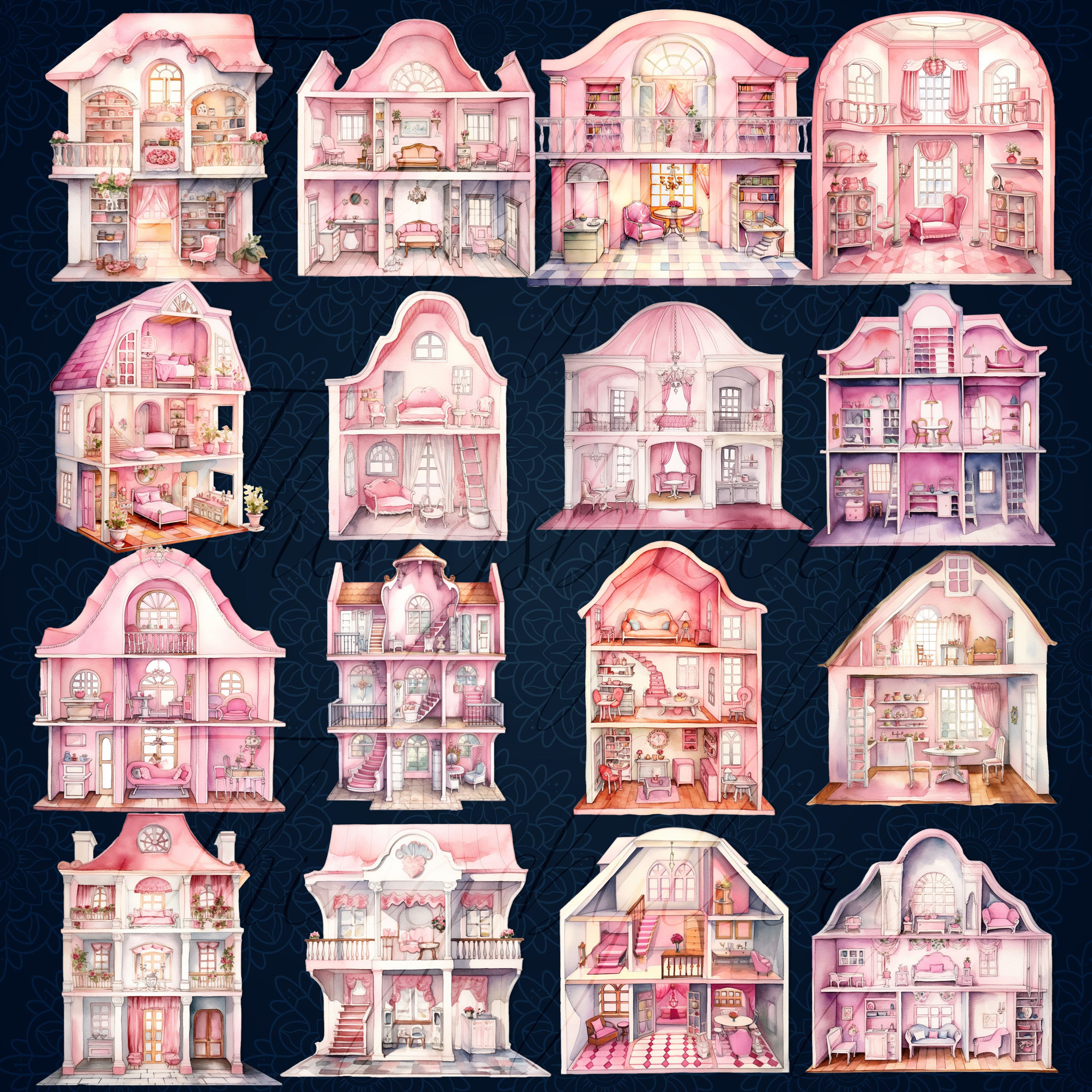16 Watercolor Pink Doll Houses PNG Images Instant Download Digital