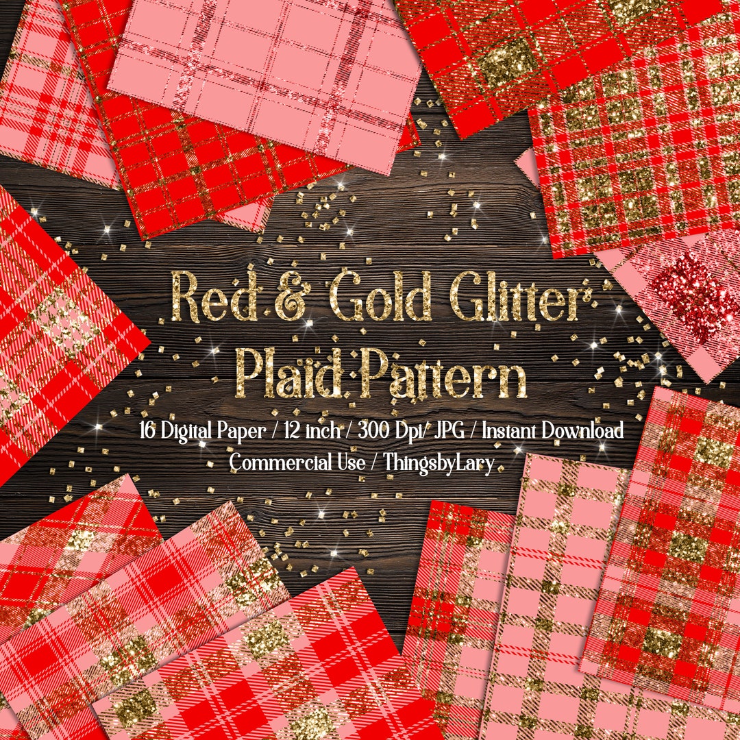 16 Luxury Gold and Red Glitter Plaid Tartan Digital Paper Pack 12inch ...