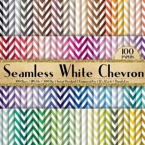 May include: A set of 100 digital papers featuring seamless white chevron patterns in various colors. The papers are 12 inches by 12 inches and 300 dpi.  "100 Papers / JPG File / 300 Dpi / Instant Download / Commercial Use / 12 x 12 inch / ThingsbyLary"