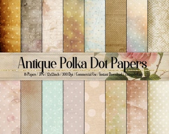 16 Antique Polka Dot Papers Instant Download Commercial Use 300 Dpi 12 inch, Vintage Polka Dot, Retro Polka Dot Background, Old Paper