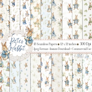18 Nahtlose Aquarell Peter Rabbit Digital Papers JPG 300dpi Kommerzielle Nutzung Papier Pack Kinderzimmer Dekoration Ephemera Digital Junk Journal