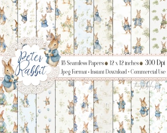 May include: 18 digital papers featuring a watercolor illustration of Peter Rabbit holding a teacup. The papers are seamless and measure 12 x 12 inches. The papers are 300 dpi and in jpeg format. The text "Peter Rabbit" is in a decorative font and the text "18 Seamless Papers 12 x 12 inches 300 Dpi Jpeg Format Instant Download Commercial Use" is in a smaller font.