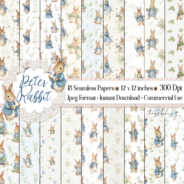 18 Papeles digitales de Peter Rabbit de acuarela transparente JPG 300dpi Paquete de papel de uso comercial Decoración de vivero Ephemera Digital Junk Journal