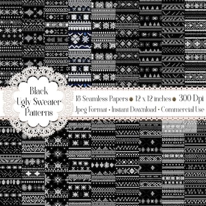 18 Seamless Realistic Black Ugly Sweater Pattern Digital Papers Commercial Use knitted Christmas pattern scandinavian texture Winter pattern