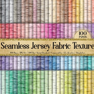 May include: A digital download featuring 100 seamless jersey fabric textures in various colors. The image displays a grid of fabric swatches, each with a unique color and subtle texture. The text "Seamless Jersey Fabric Texture" is displayed prominently.