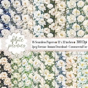 May include: 16 digital papers featuring a seamless pattern of white peonies with green leaves on a blue background. The papers are 12 inches by 12 inches and 300 dpi.