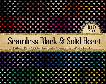 100 Seamless Black and Solid Heart Pattern Digital Papers 12x12" 300 Dpi Commercial Use Instant Download Printable Love Valentine Wedding