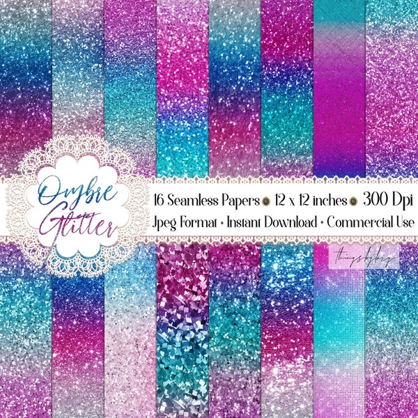 16 Seamless Ombre Magical Unicorn Glitter Digital Papers commercial use ombre rainbow sequin glitter confetti sparkly mermaid real glitter
