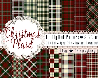 16 Red and Green Plaid Pattern Papers 8.5x11 Inch, Jpeg File, Instant Download High Resolution 300 Dpi Commercial Use Christmas plaid papers