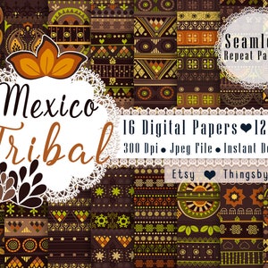 16 Messico Tribal Seamless Repeat Papers 12 x 12 pollici 300 Dpi Instant Download, Scrapbook Papers, Boho, Cinco de Mayo, Messico, Aztec