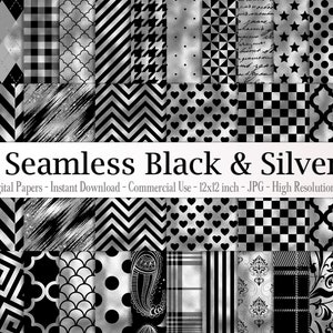 May include: A set of 30 digital papers featuring seamless black and silver patterns. The patterns include geometric shapes, hearts, stars, and more. The papers are 12x12 inches and 300 dpi.