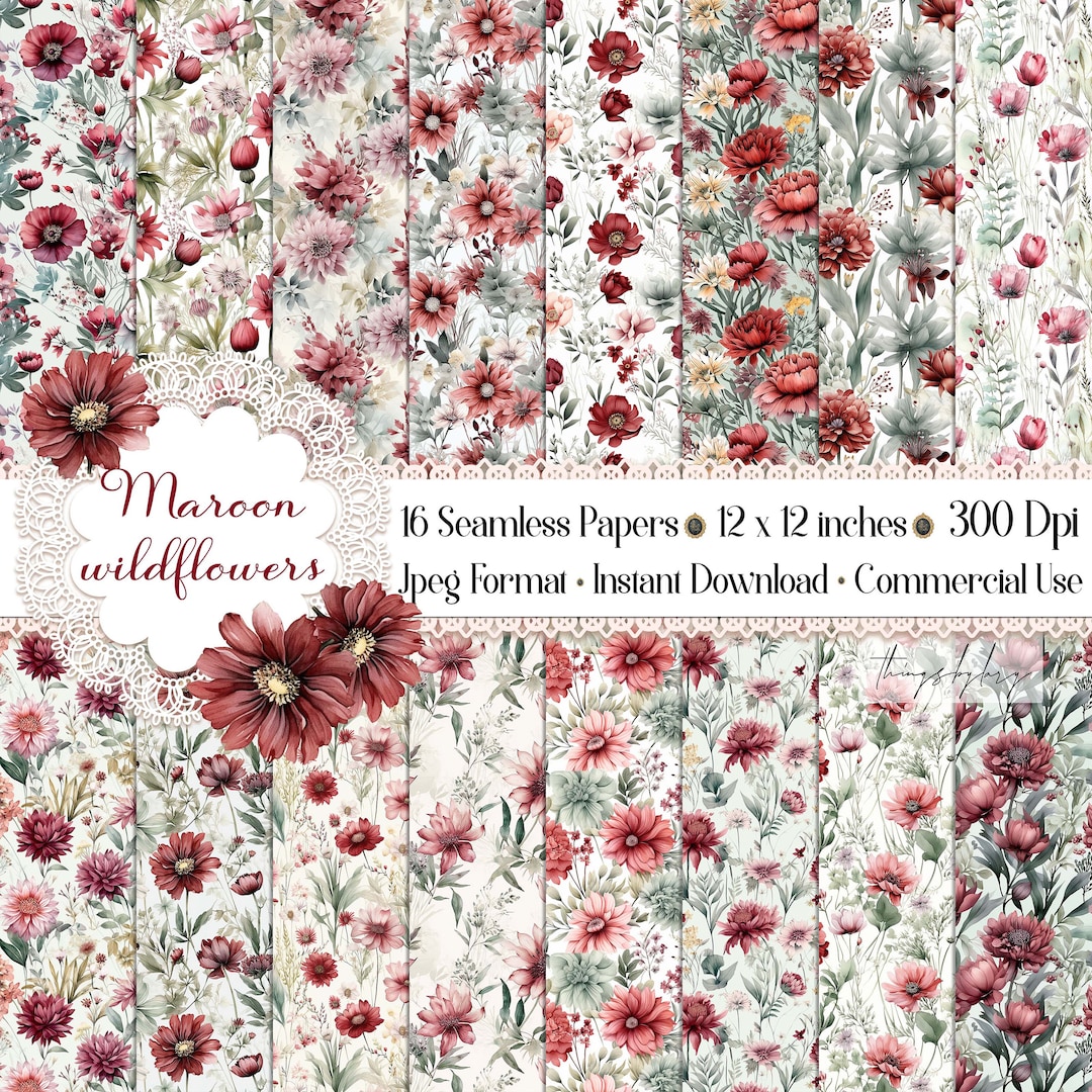 16 Seamless Watercolor Maroon Wildflowers Digital Papers Commercial Use ...