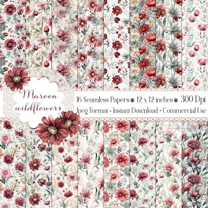 May include: A collection of 16 seamless papers featuring watercolor illustrations of maroon wildflowers. Each paper measures 12 x 12 inches and is 300 dpi. The image includes the text "Maroon wildflowers".