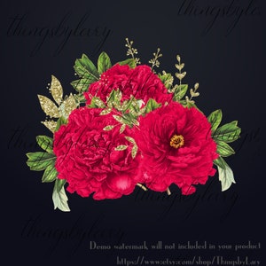 30 Red Flowers Digital Images PNG 300 Dpi Instant Download Commercial Use Bridal Shower Wedding Flower Rose Branch Peony Antique Old Bouquet image 3