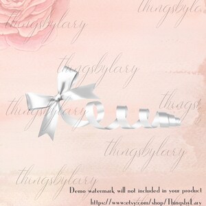 May include: A silver satin ribbon tied into a bow with the ends of the ribbon curled. The ribbon is on a light pink background with a watercolor effect.