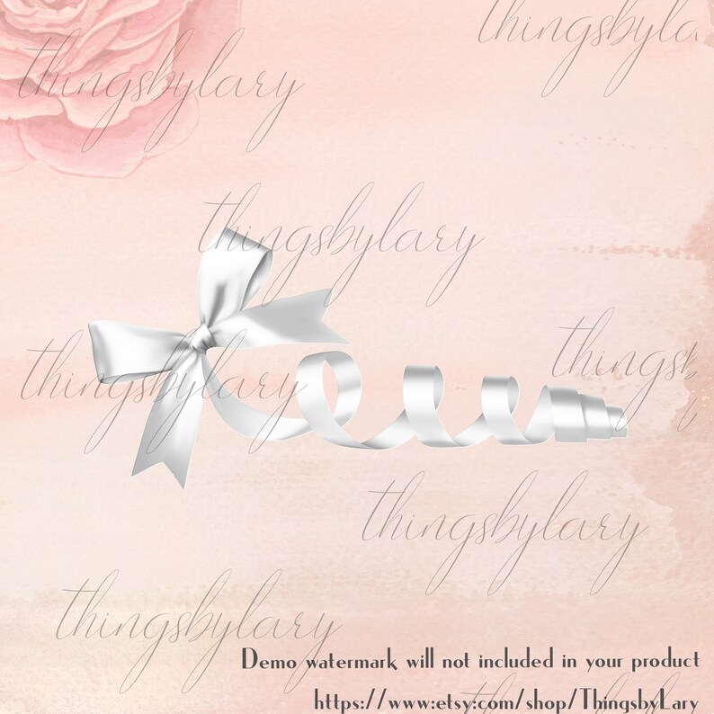 May include: A silver satin ribbon tied into a bow with the ends of the ribbon curled. The ribbon is on a light pink background with a watercolor effect.