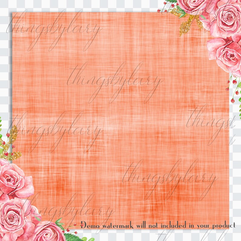 May include: A digital paper background with a peachy orange linen texture. The background is decorated with a watercolor floral border of pink roses and green leaves.
