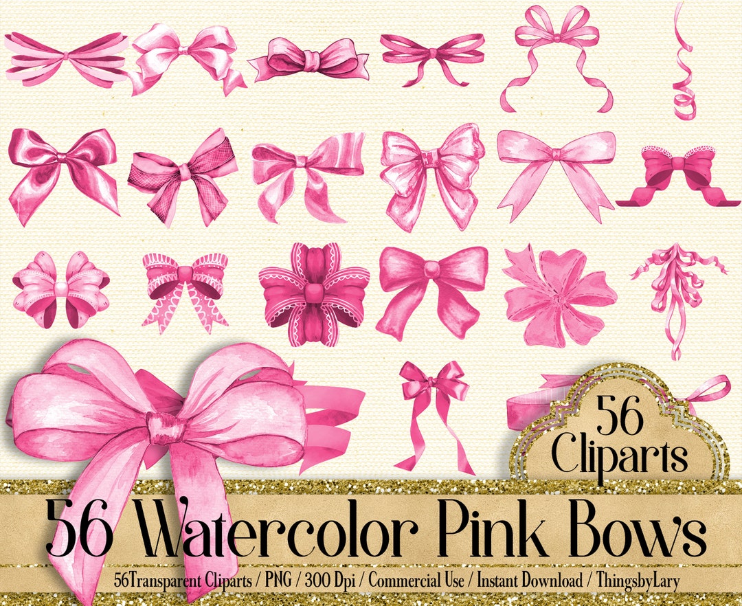 56 Watercolor Pink Bows and Ribbons Cliparts, 300 Dpi, Instant Download ...