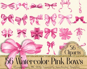 56 Watercolor Pink Bows and Ribbons Cliparts, 300 Dpi, Instant Download, Commercial Use, Bridal Shower, Wedding Invitation, Watercolor Bow