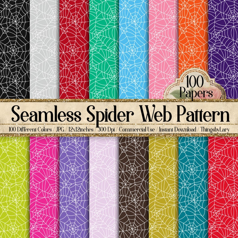 May include: A digital paper pack with 100 different colored seamless spider web patterns. Each pattern is 12x12 inches and 300 dpi. The text "100 Papers" and "Seamless Spider Web Pattern" is included in the image.