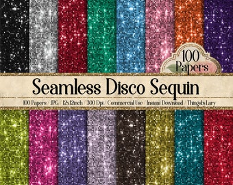 May include: 100 digital papers featuring seamless disco sequin patterns in various colors. Each paper is 12x12 inches and 300 dpi.