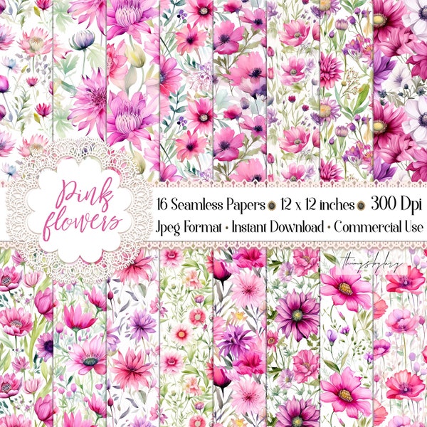 16 Papiers numériques de fleurs sauvages de printemps rose sans couture, utilisation commerciale, fleurs sauvages de printemps, fleurs de champ, tissu de fleurs sauvages d’été