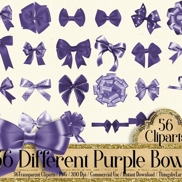 56 Ultra Violet Bows and Ribbons Cliparts, 300 Dpi, Instant Download, Commercial Use, Bridal Shower, Digital Satin Bows, Wedding Invitation