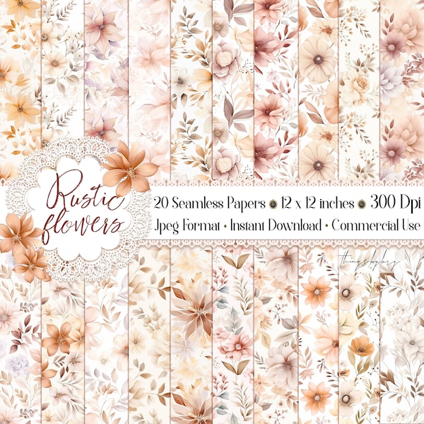 20 Seamless Watercolor Rustic Boho Flowers Digtial Papers Commercial Use cowgirl floral wedding Bohemian Flowers Terracotta Bohemian Flowers