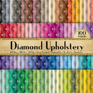 May include: A digital paper pack with 100 different diamond upholstery patterns in various colors. Each pattern is 12 inches by 12 inches and 300 dpi. The text "100 Papers" and "Diamond Upholstery" is displayed on the image.