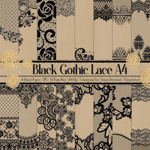 16 Black Gothic Lace Digital Papers A4 Size 300 dpi commercial use instant download, Gothic Lace Black Halloween Lace Scrapbooking Lace Kit
