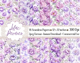 16 Seamless Watercolor Lilac Peony Digital Papers commercial use Pink Peony Paradise Peony tenderness vintage peony Seamless floral pattern