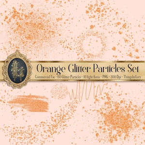 May include: A set of 60 orange glitter particles and 10 light flares, perfect for adding sparkle to your digital designs. The glitter particles are in various sizes and shapes, and the light flares are in a variety of styles. All elements are in PNG format and 300 DPI resolution.